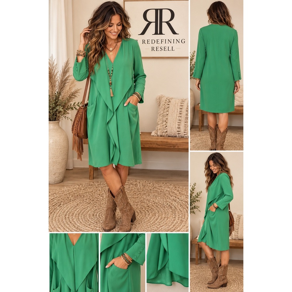 BCBGMAXAZRIA Womens Green Draped Waterfall V-Neck Shift Dress Long Sleeve Small
